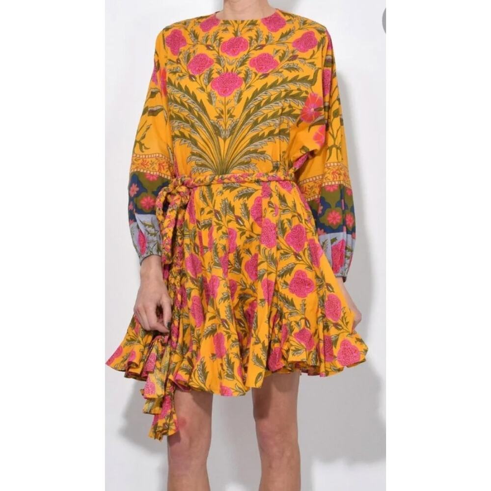 Rhode Resort Ella Mini Belted Ruffle Long Sleeve Dress in Pink Flower Medium